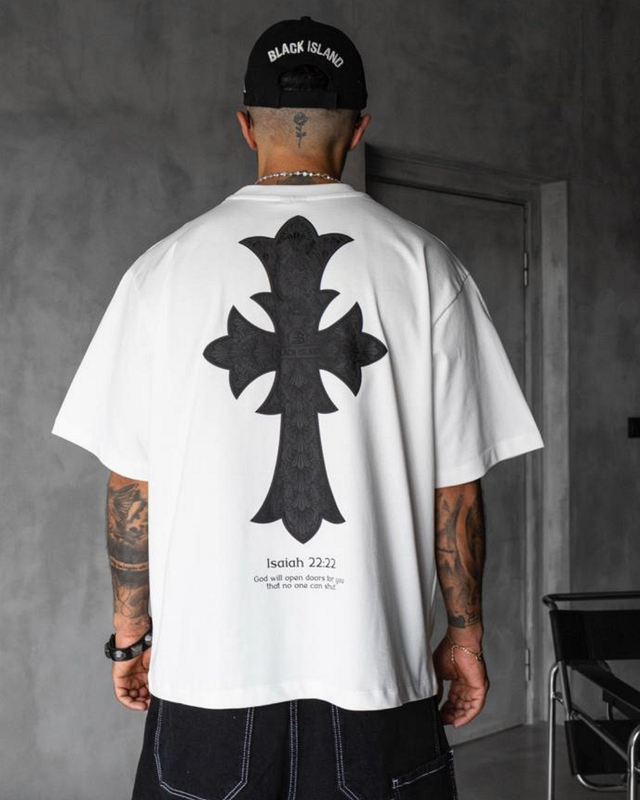 Мъжка овърсайз тениска в бяло CROSS CODE WHITE | MINIMAL.BG
